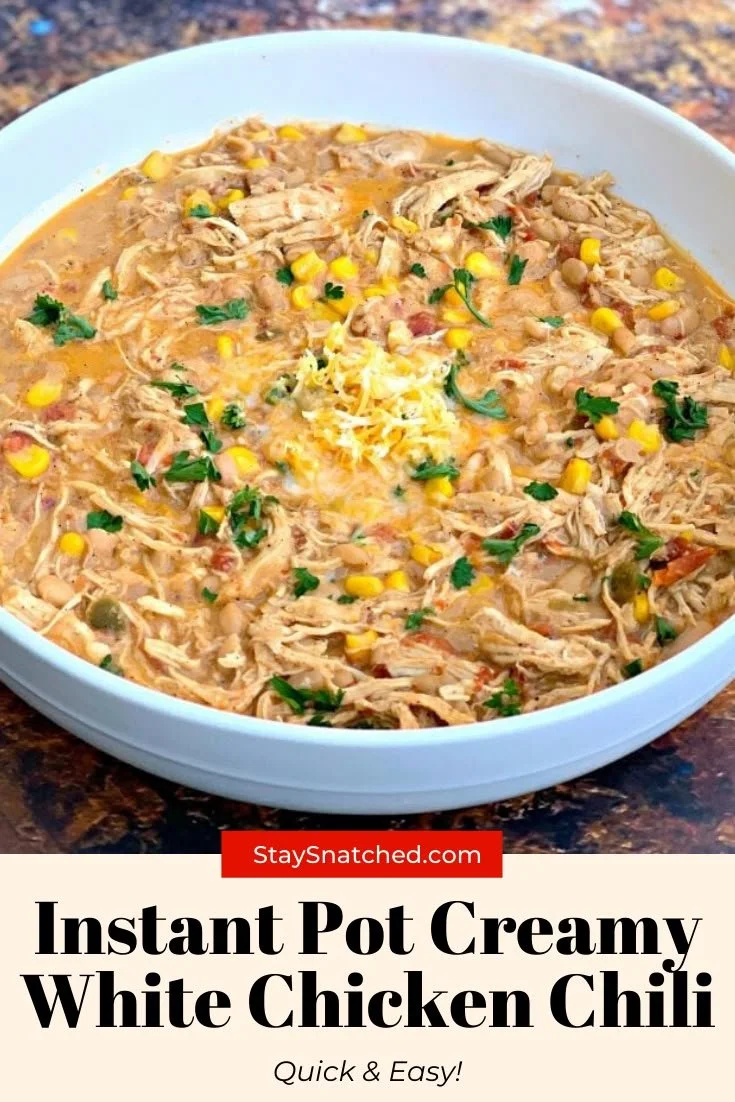 Bowl of creamy white chicken chili made in an Instant Pot.