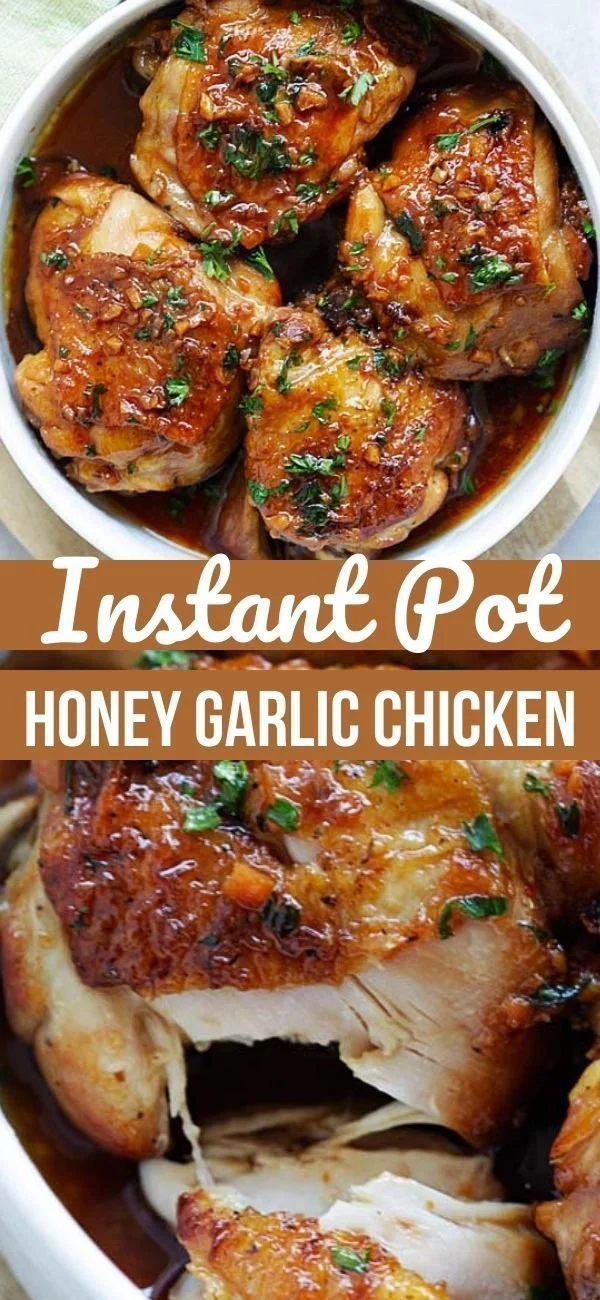 Delicious Instant Pot Honey Garlic Chicken served with rice and vegetables