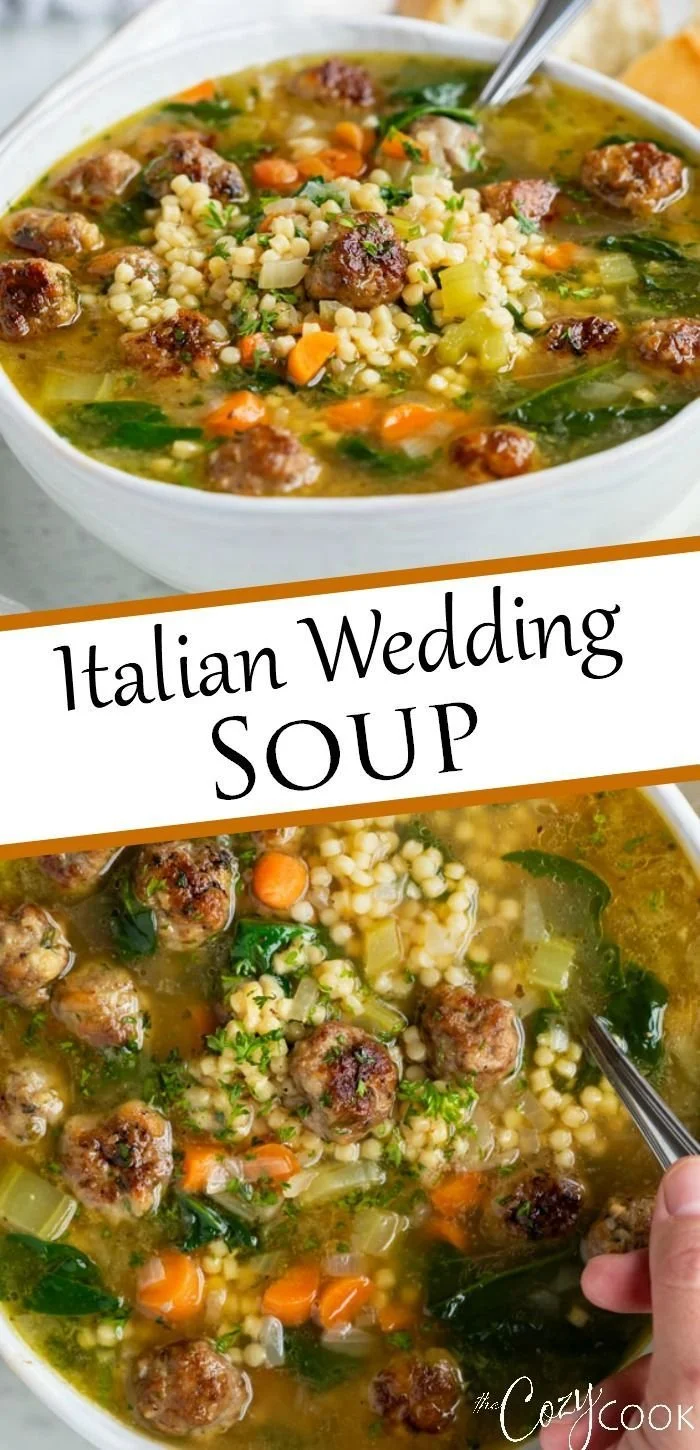 A bowl of homemade Italian Wedding Soup with meatballs and greens
