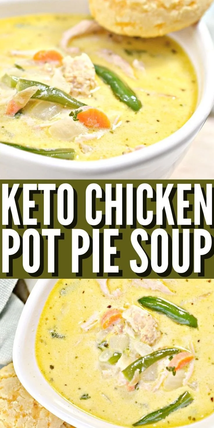 Delicious Keto Chicken Pot Pie Soup in a bowl garnished with herbs.
