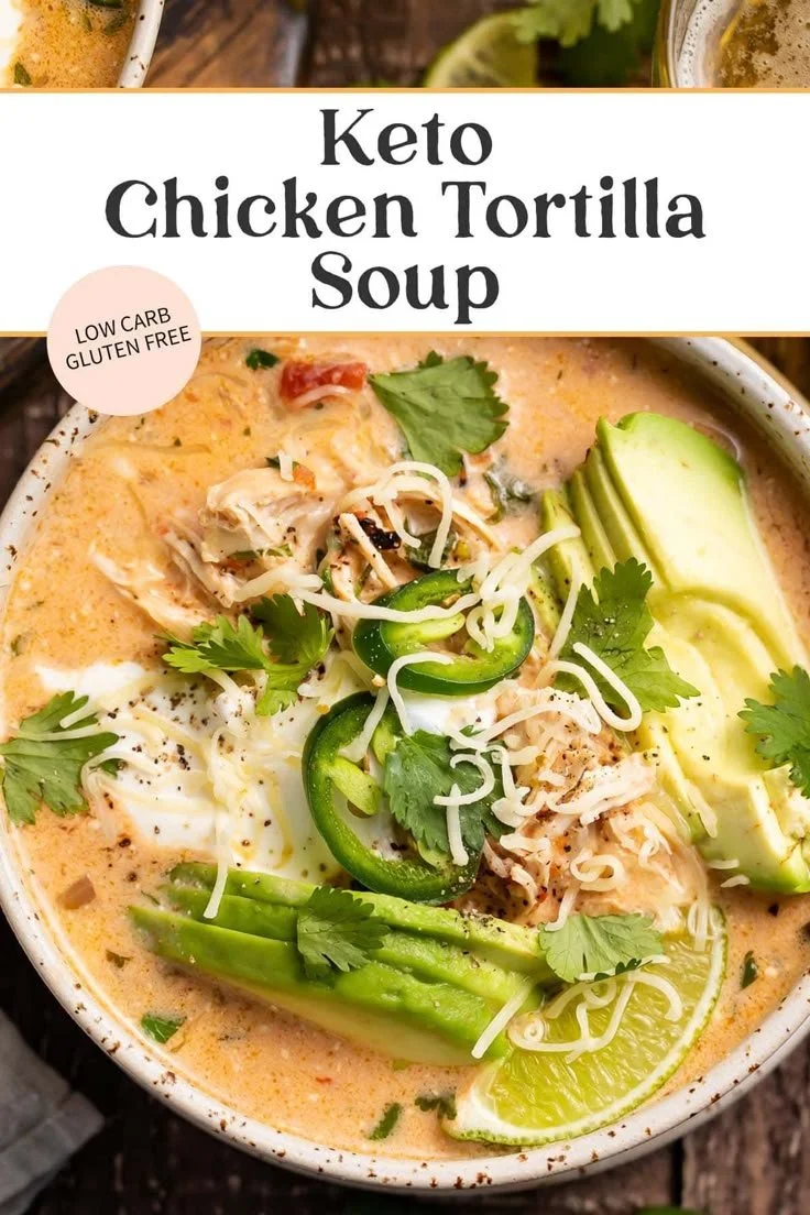 Bowl of Keto Chicken Tortilla Soup garnished with cilantro and avocado