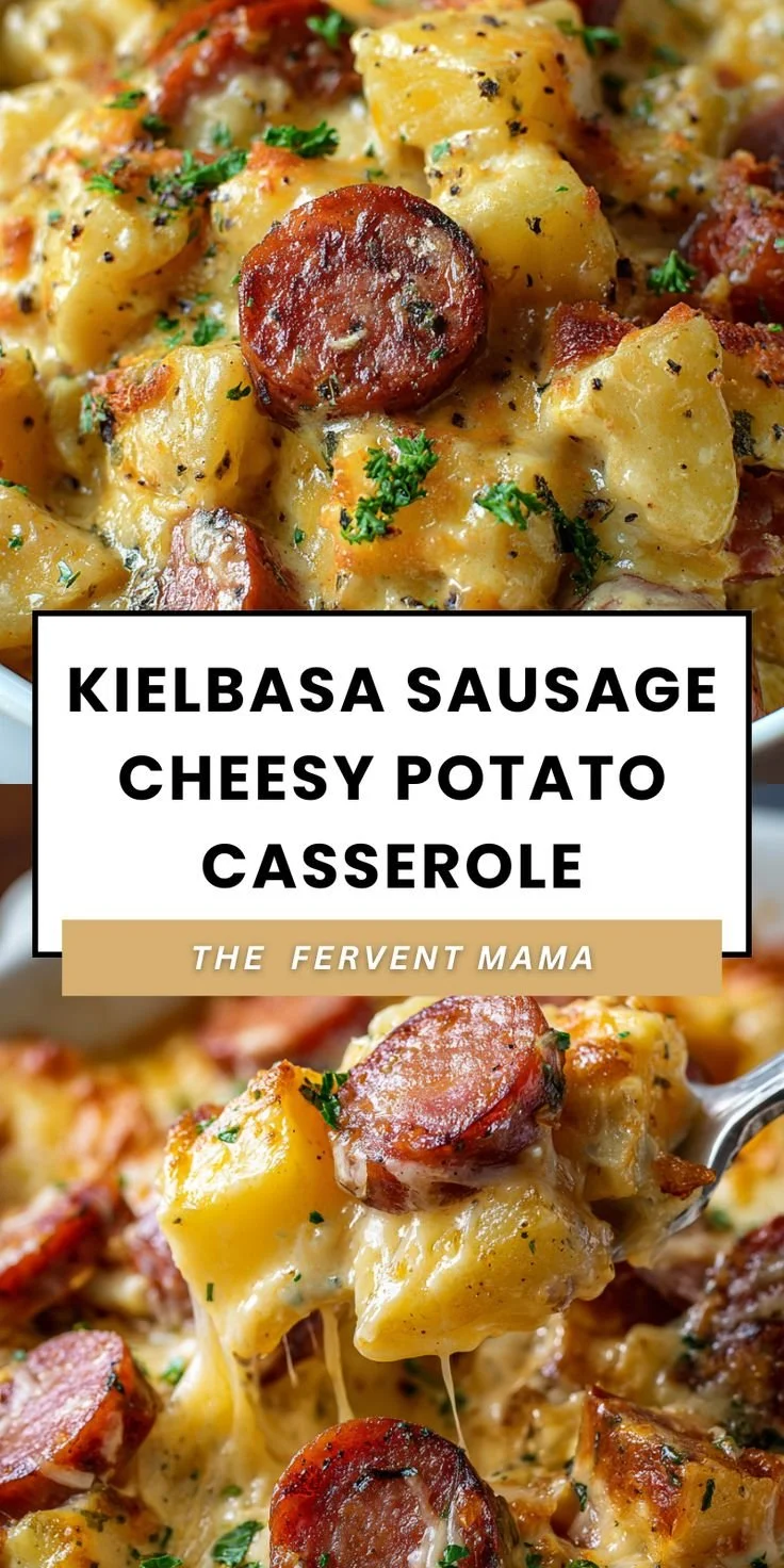 Delicious kielbasa sausage cheesy potato casserole in a baking dish