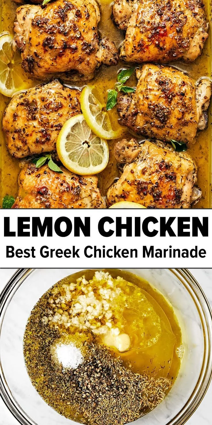 Juicy lemon chicken garnished with fresh herbs on a plate