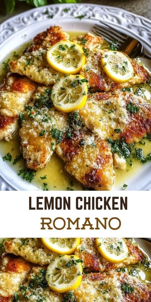 Plate of crispy Lemon Chicken Romano served with herbs and lemon slices