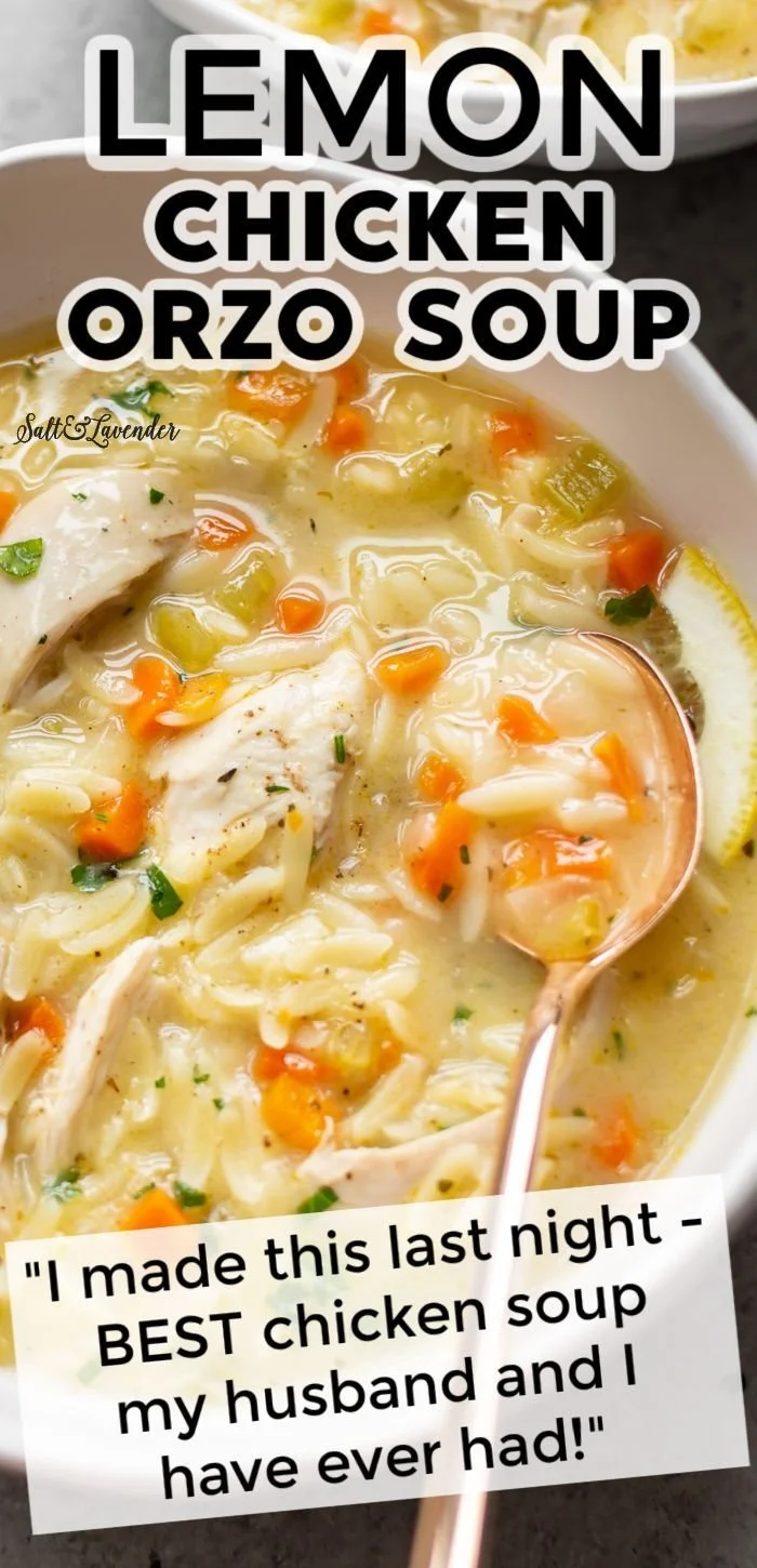 Bowl of Lemon Chicken Soup with Orzo garnished with fresh herbs