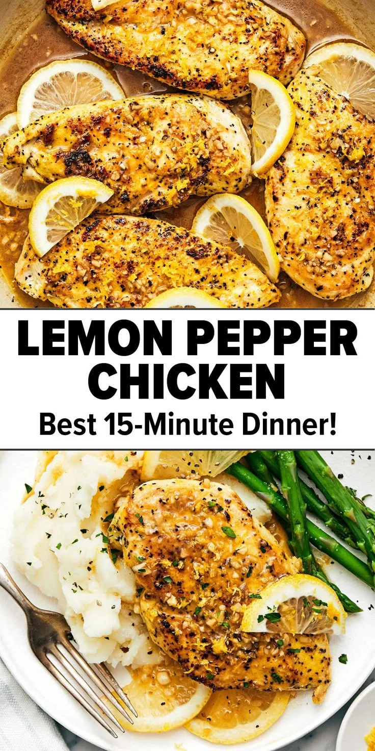 Quick Lemon Pepper Chicken dish ready in 15 minutes, served on a plate.