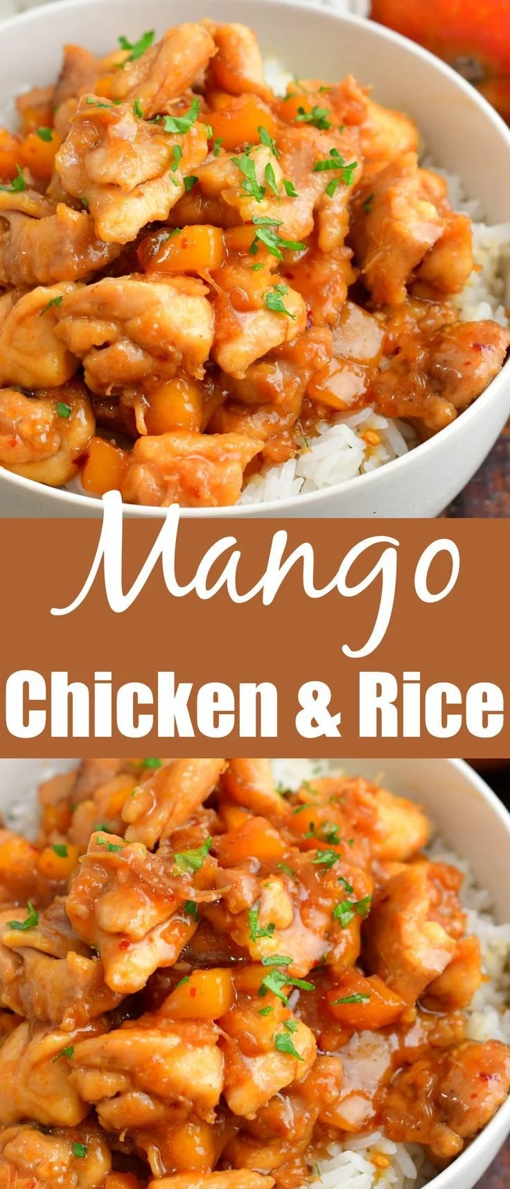 Dish of mango chicken served with rice, garnished with fresh herbs.