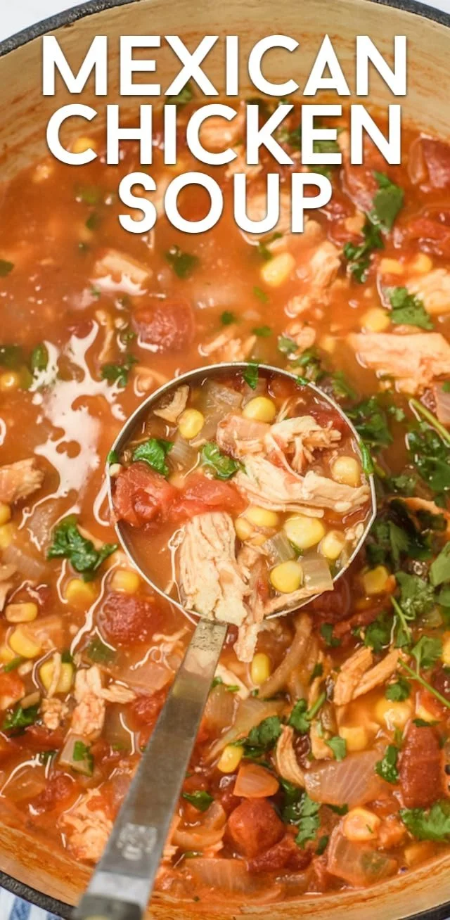 Bowl of flavorful Mexican Chicken Soup garnished with fresh cilantro and lime.