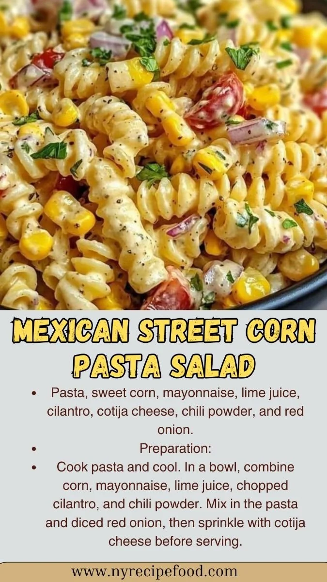 Delicious Mexican Street Corn Pasta Salad garnished with fresh herbs and lime.