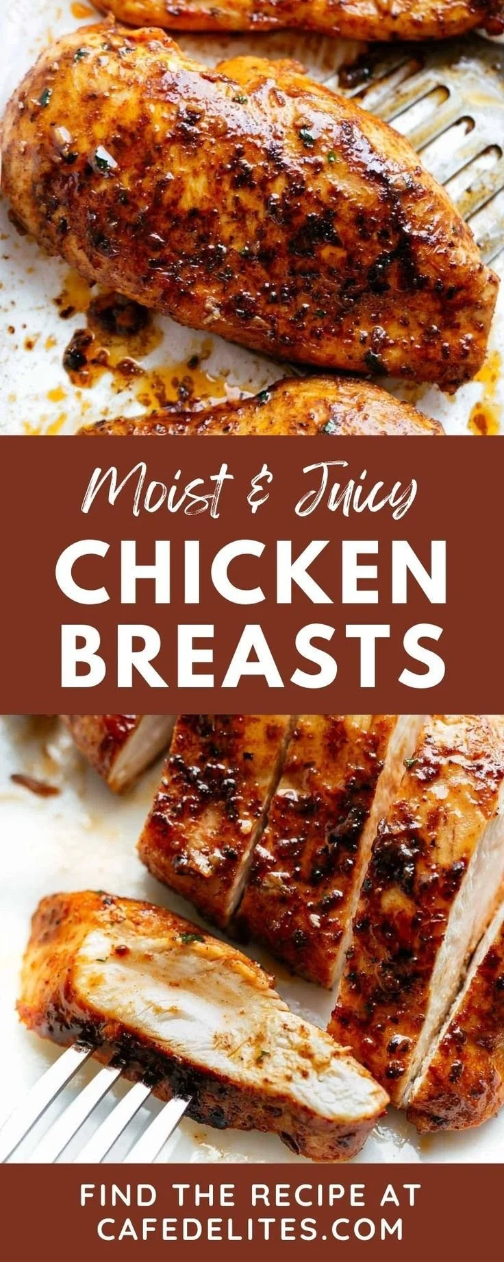 Moist and juicy chicken breasts recipe with seasonings and garnish.