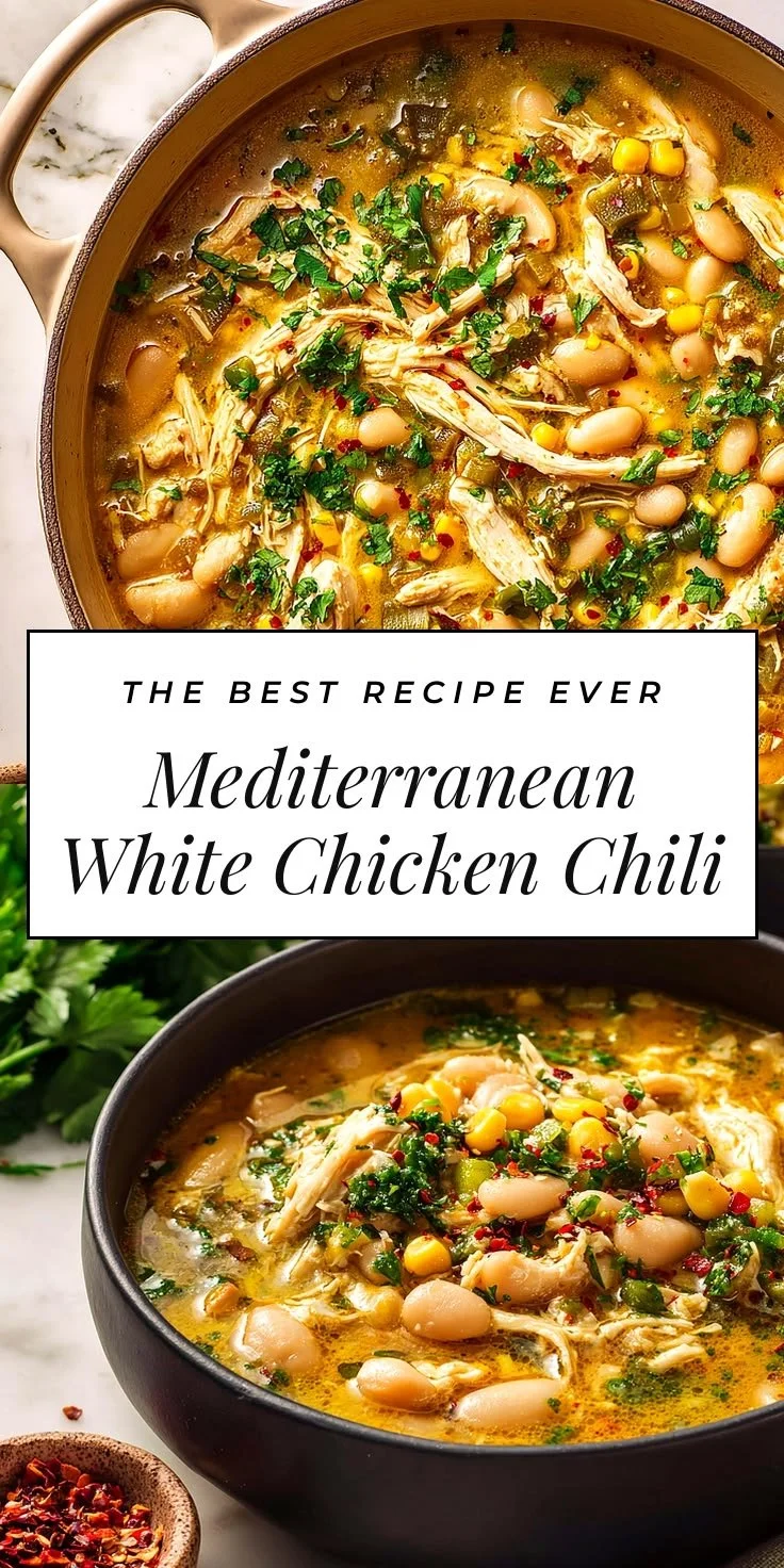Bowl of Mediterranean white chicken chili garnished with herbs and spices
