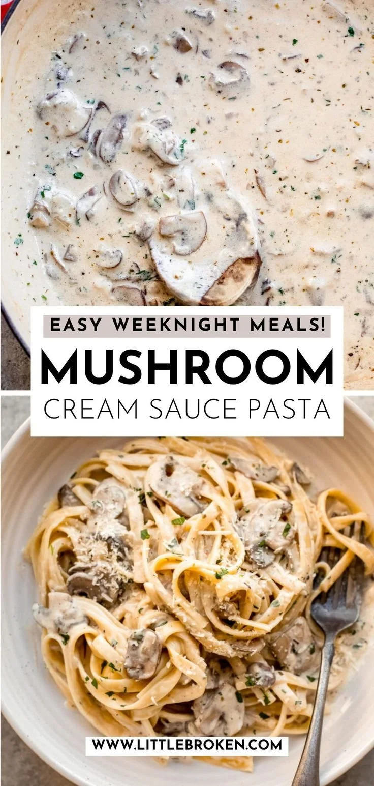 Delicious bowl of pasta topped with rich mushroom cream sauce