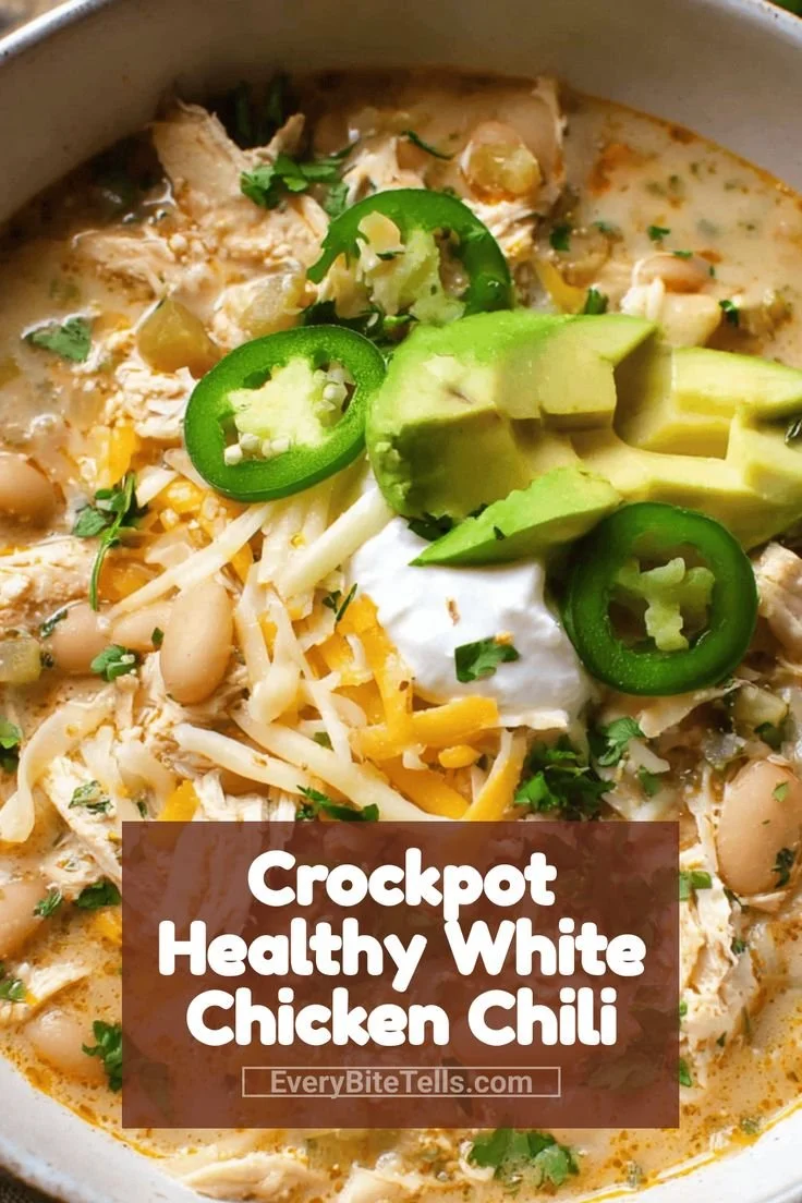 Crockpot healthy white chicken chili in a bowl topped with cilantro