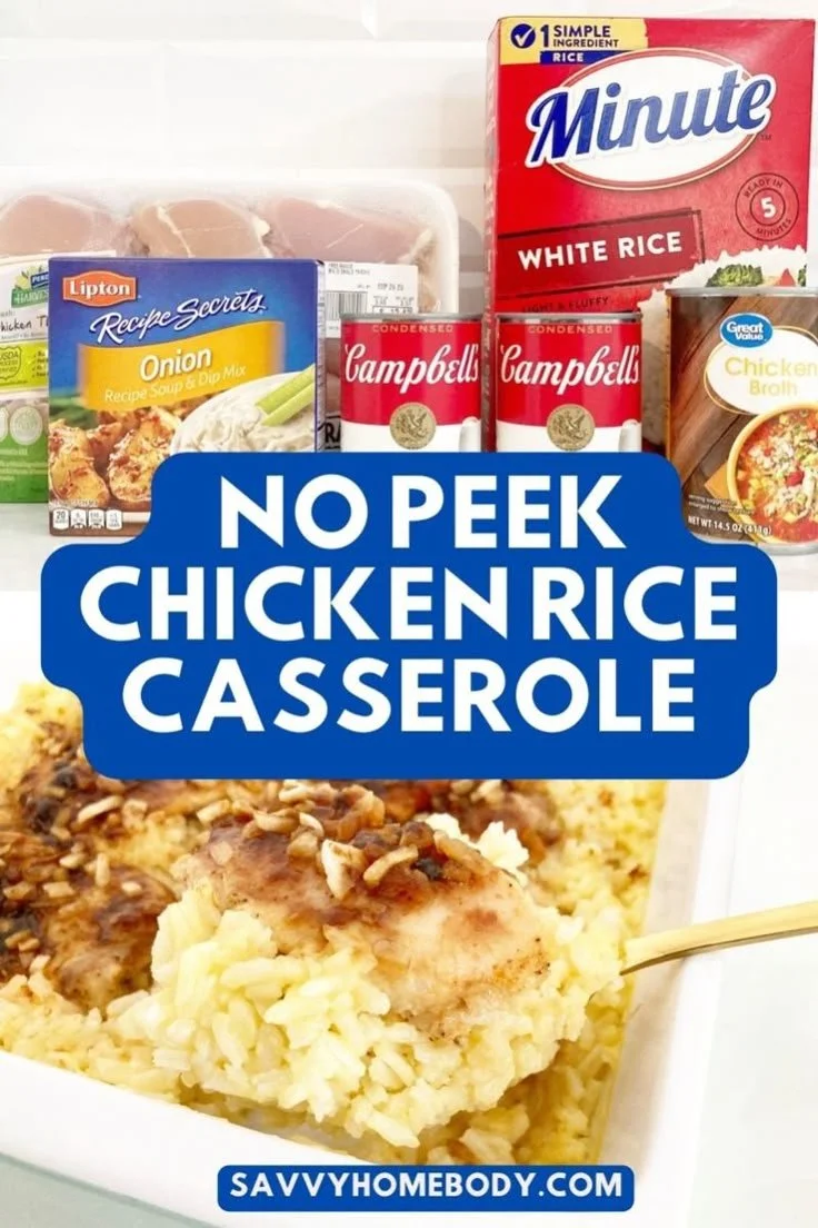 Delicious No Peek Chicken Rice Casserole served in a baking dish