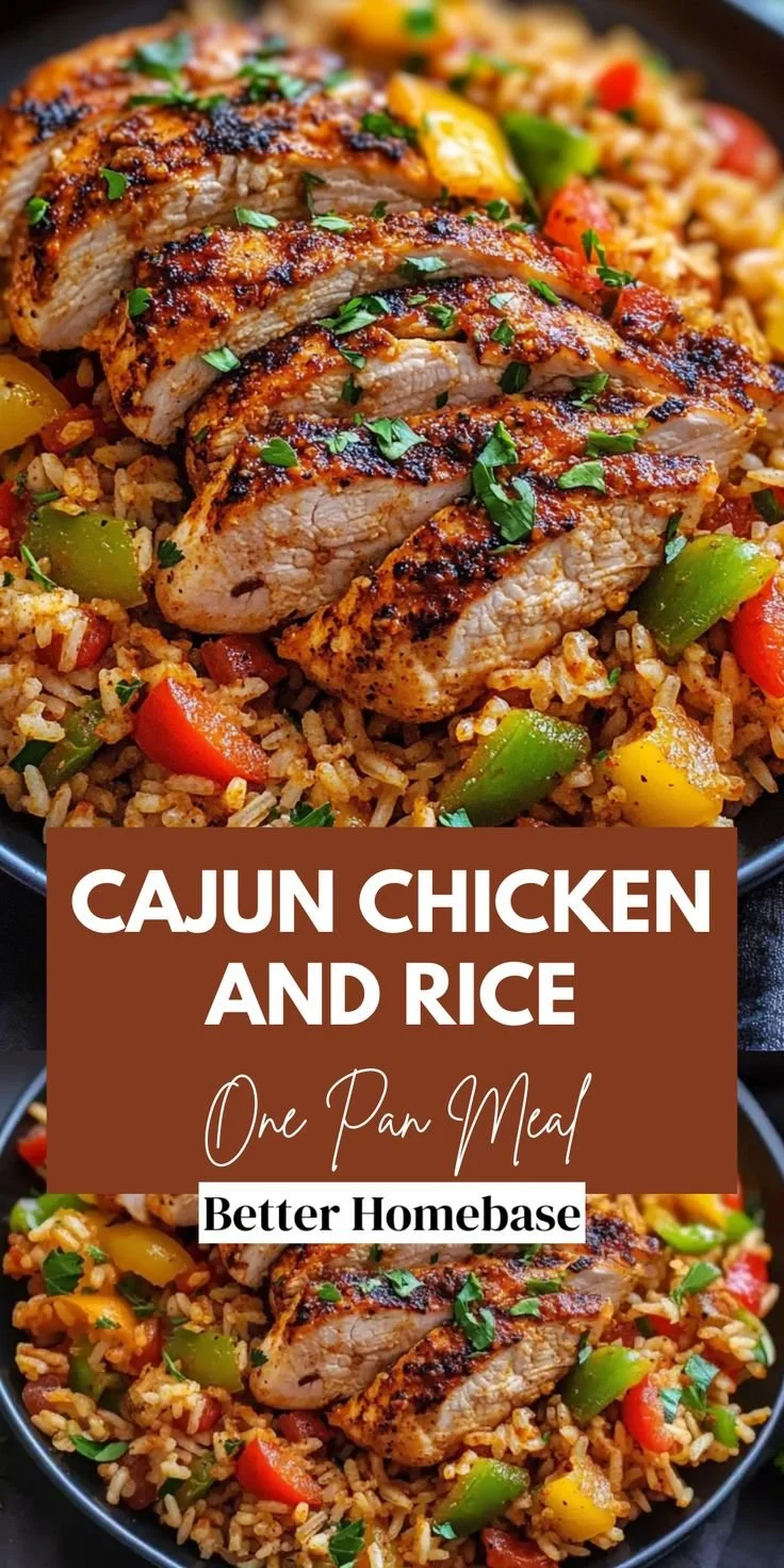 One-Pan Cajun Chicken and Rice dish served with vegetables and spices