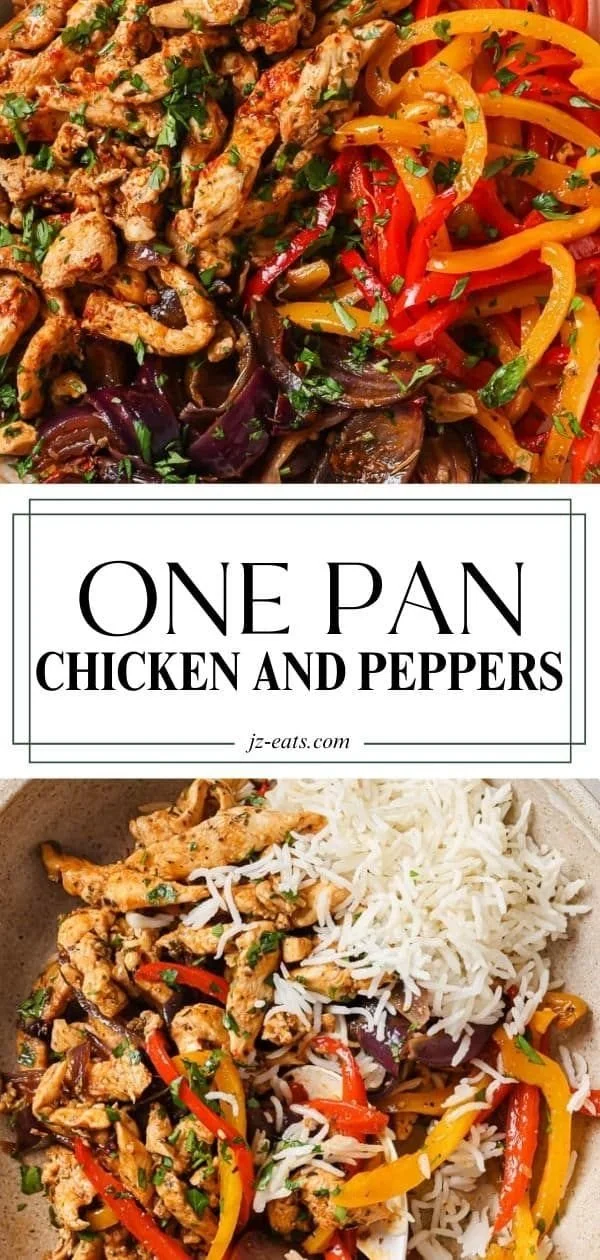 One Pan Chicken and Peppers meal served in a skillet