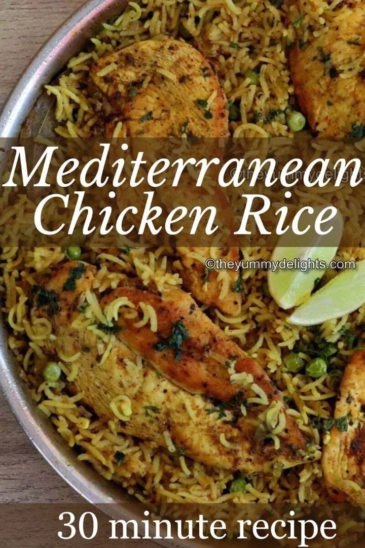 One Pan Mediterranean Chicken and Rice dish garnished with herbs