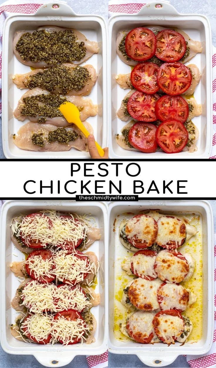 Delicious one-pan pesto chicken bake ready for a quick family dinner