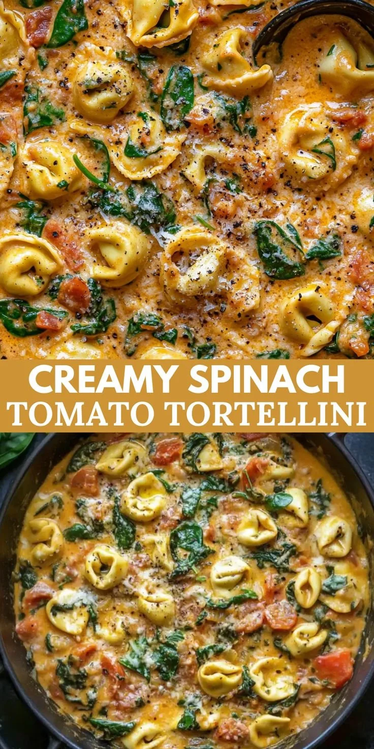 One Pot Creamy Spinach Tomato Tortellini dish served in a bowl