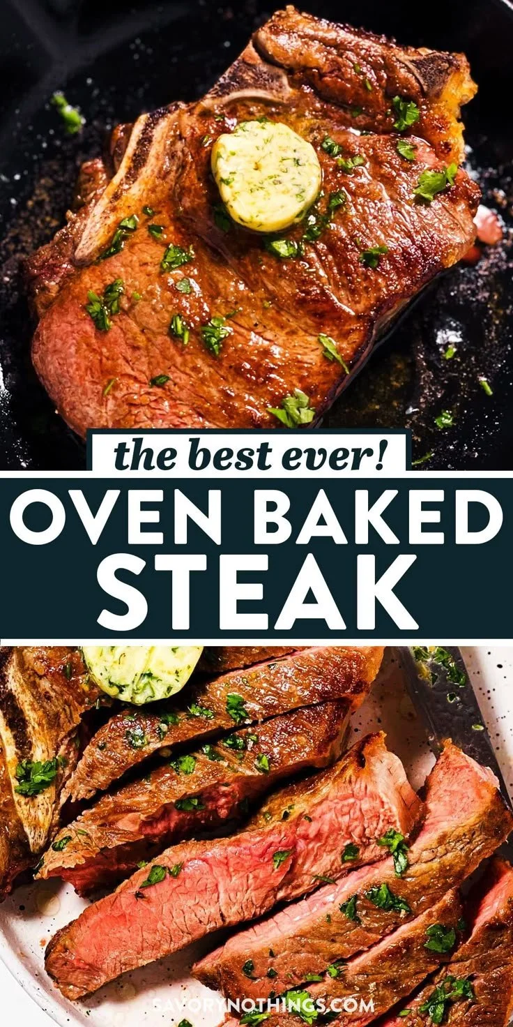 Juicy oven baked steak served with herbs and spices