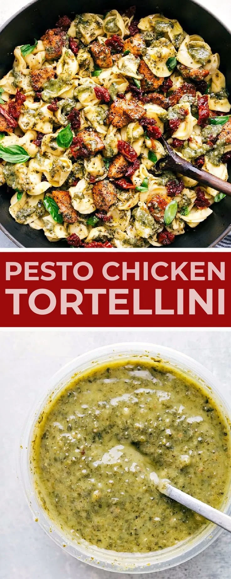 Delicious Pesto Chicken Tortellini served with fresh basil and parmesan.