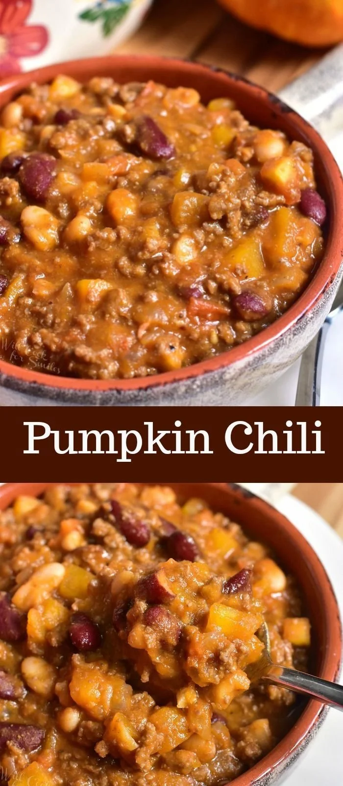 Bowl of Pumpkin Chili topped with herbs and served with bread