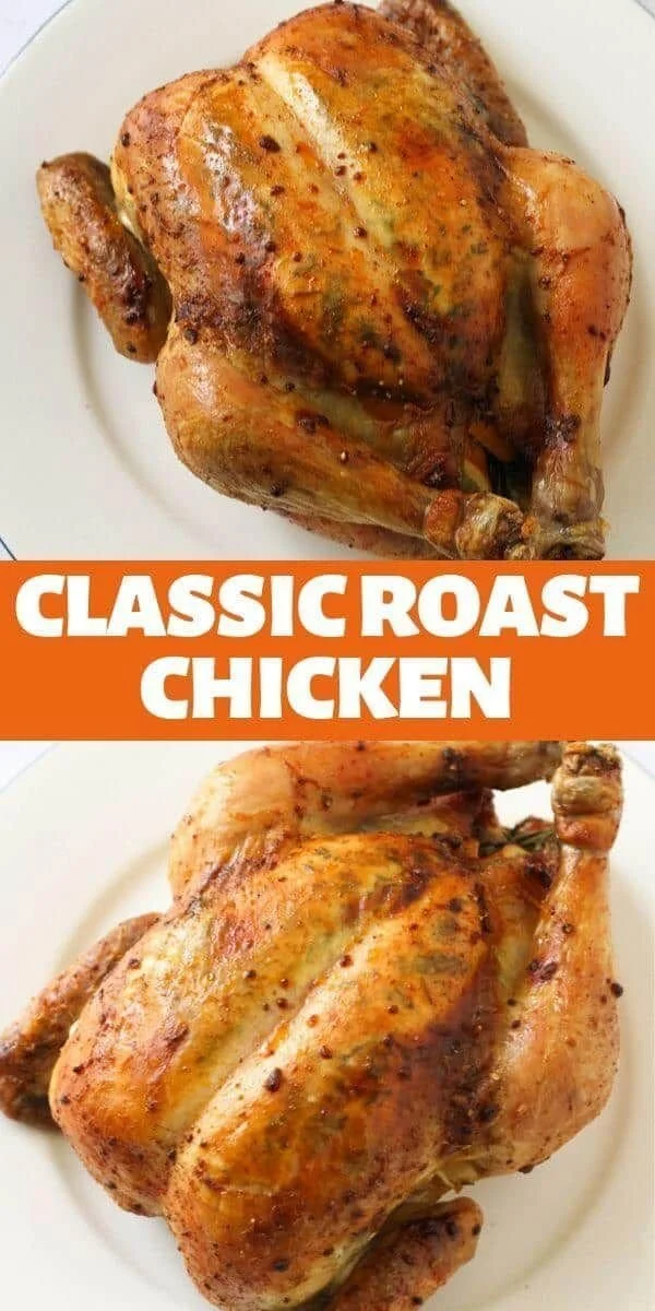 Perfectly roasted chicken with lemon and rosemary on a platter.