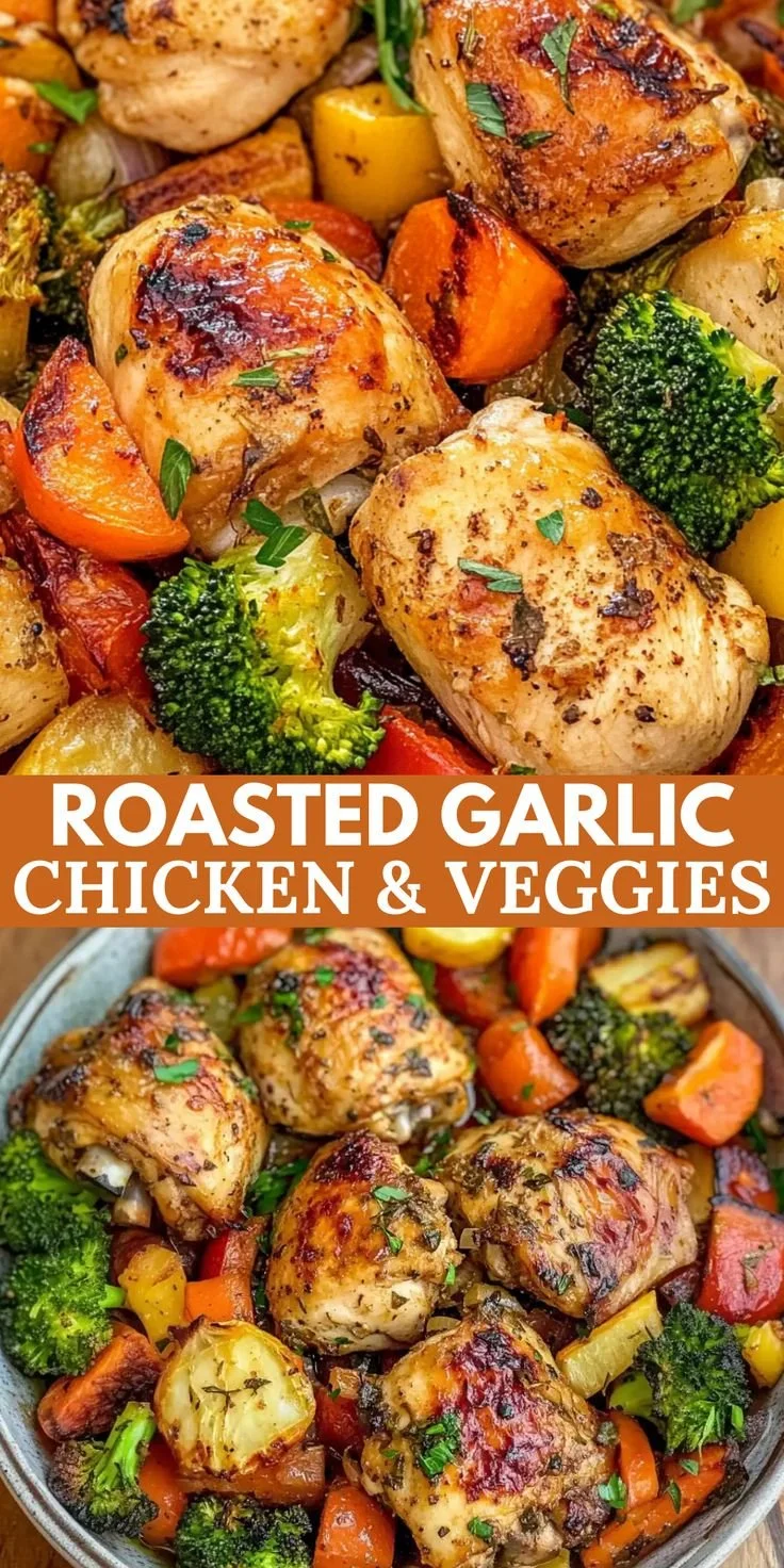 Roasted garlic chicken served with colorful vegetables