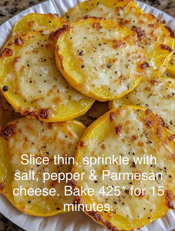 Deliciously roasted thinly sliced squash dish ready to serve.