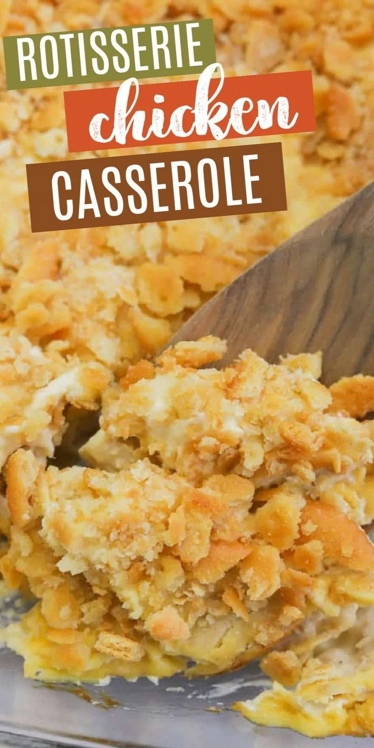Delicious rotisserie chicken casserole topped with cheese and herbs