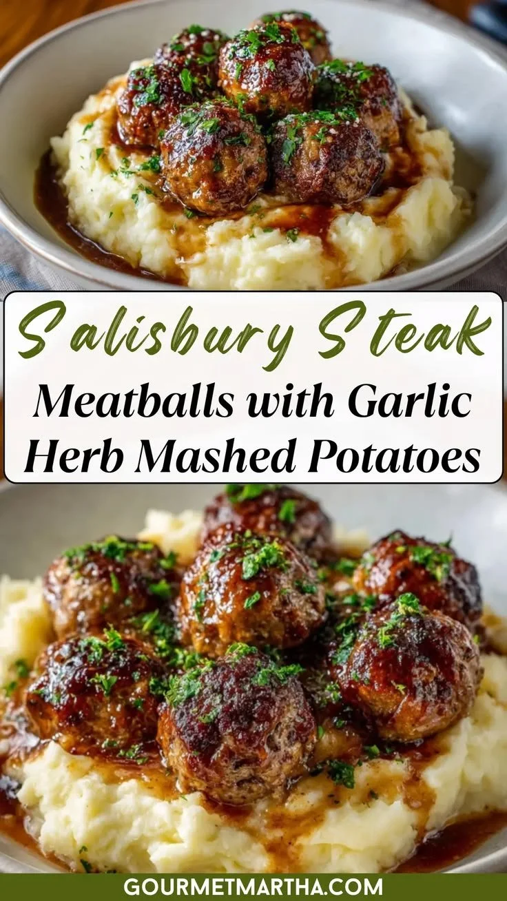 Salisbury steak meatballs with garlic herb mashed potatoes for a comforting dinner.