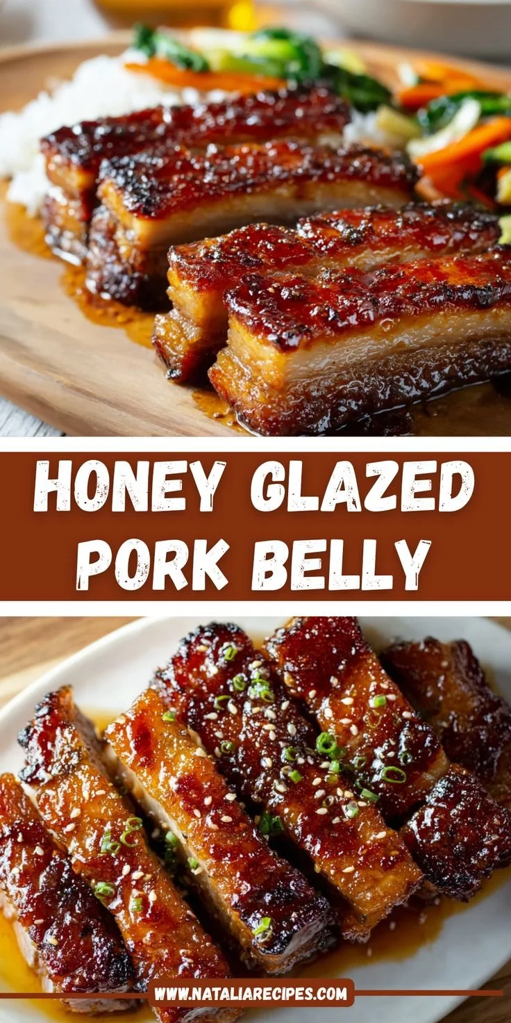 Savory honey glazed pork belly dish served with chopsticks