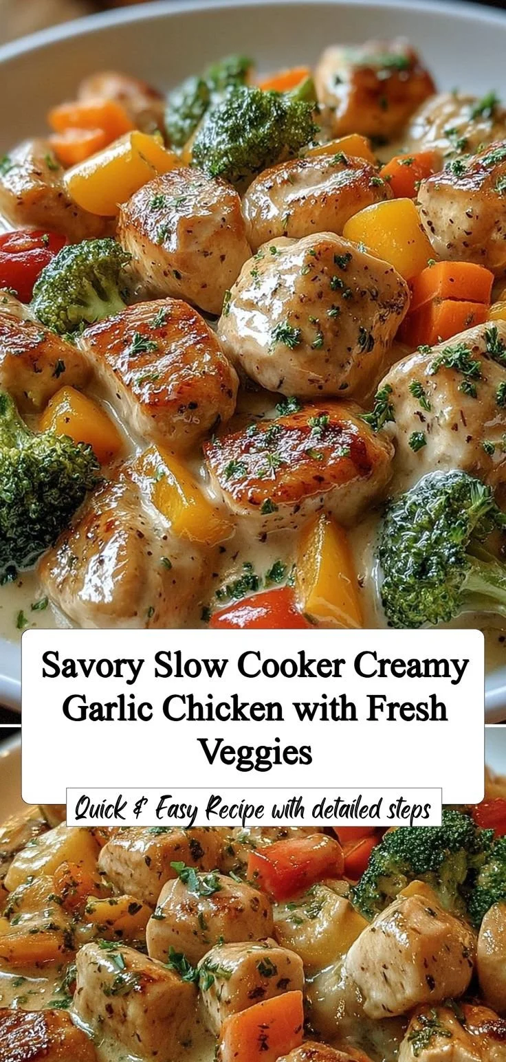 Savory slow cooker creamy garlic chicken with fresh vegetables garnished on a plate.