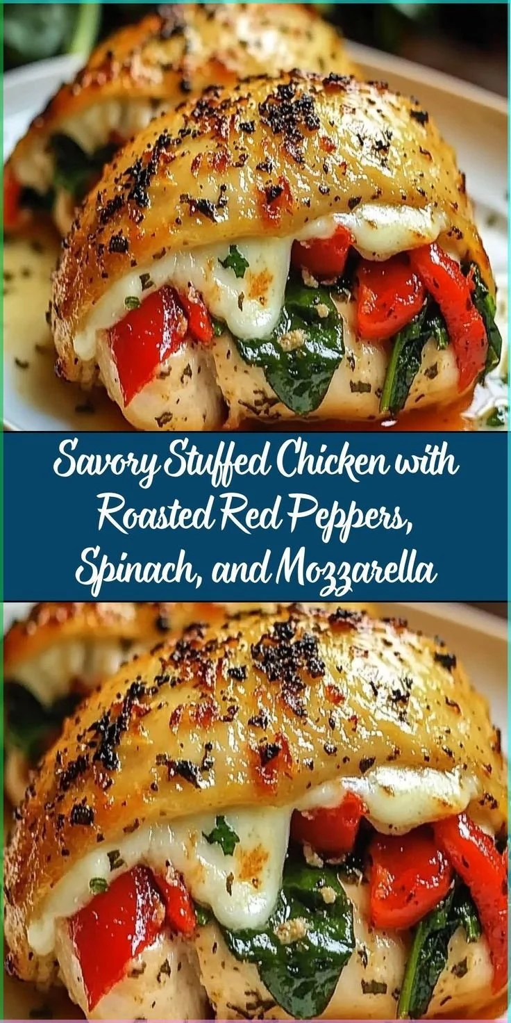 Savory stuffed chicken with roasted red peppers, spinach, and mozzarella cheese