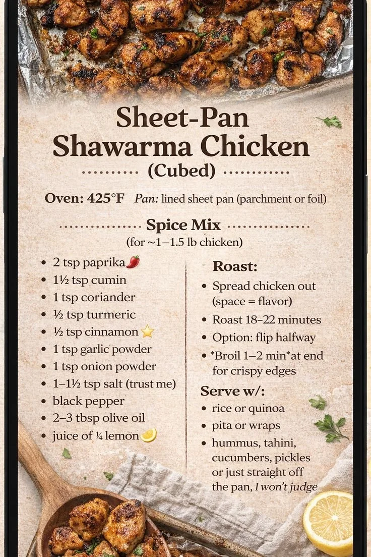 Sheet pan chicken shawarma with spices and vegetables ready to serve