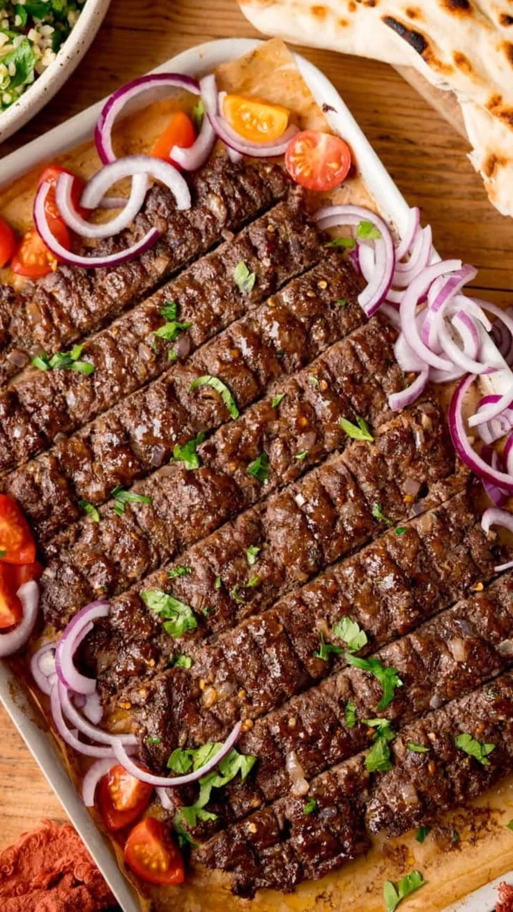 Delicious sheet pan kebabs with vegetables ready to serve on a table.
