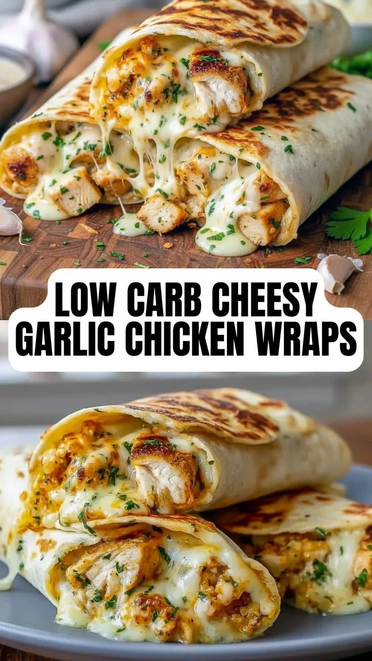 Cheesy garlic low carb chicken wraps served on a plate
