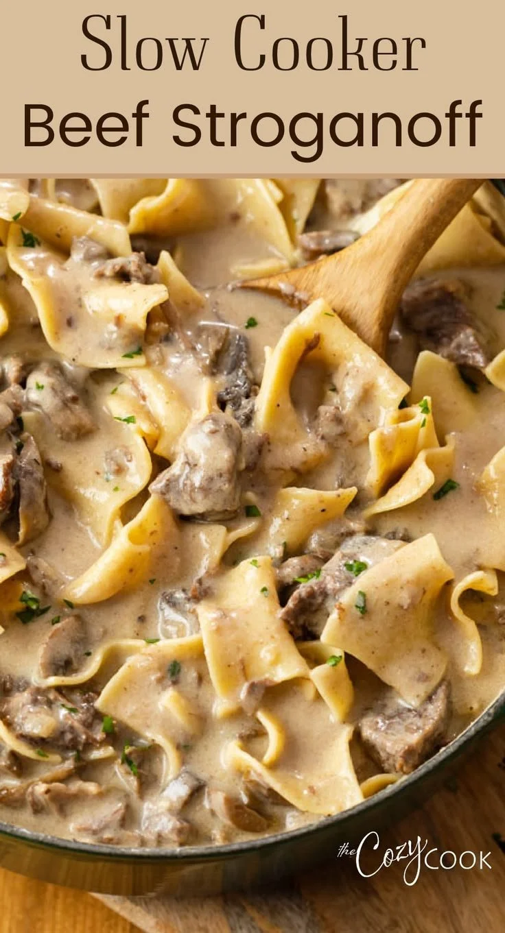Delicious Slow Cooker Beef Stroganoff served in a bowl with noodles