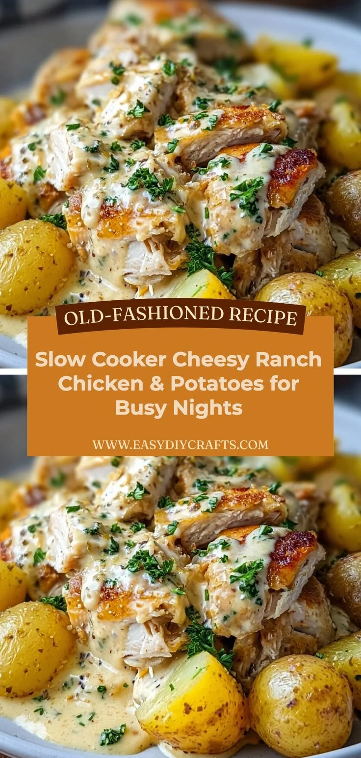 Slow cooker cheesy ranch chicken served with potatoes on a plate.