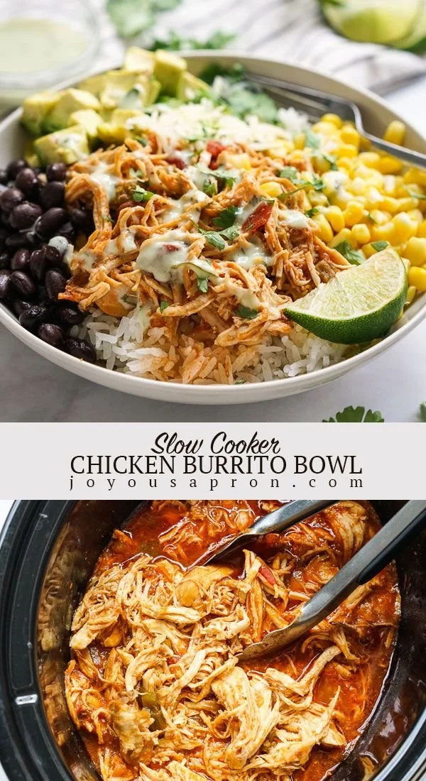 Slow cooker chicken burrito bowl with fresh ingredients and spices