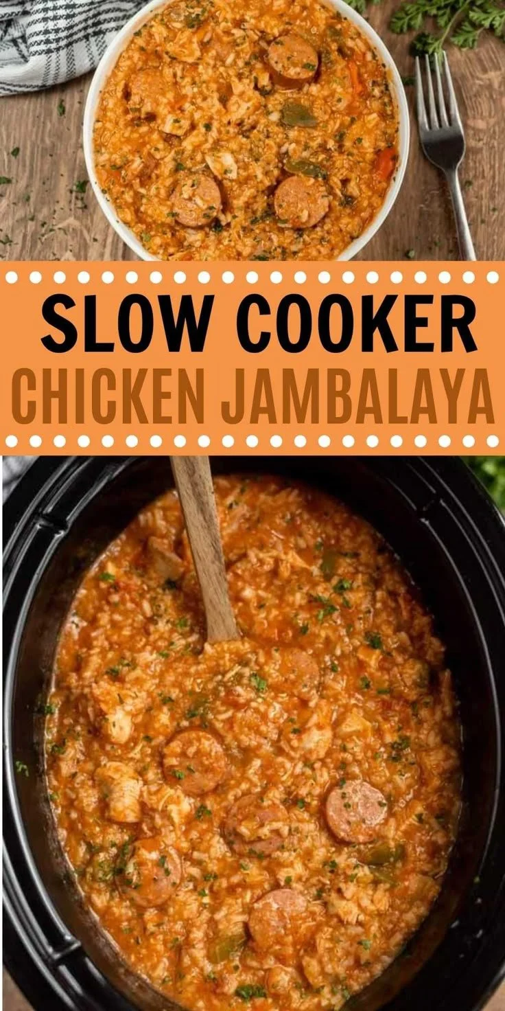 Slow Cooker Chicken Jambalaya featuring chicken, rice, and spices in a flavorful dish