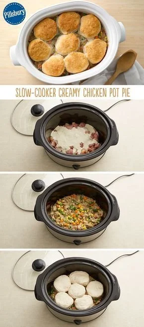 Delicious slow-cooker creamy chicken pot pie served in a rustic dish