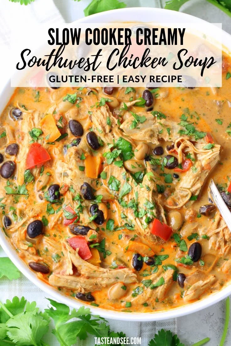 Bowl of slow cooker creamy southwest chicken soup topped with cilantro.