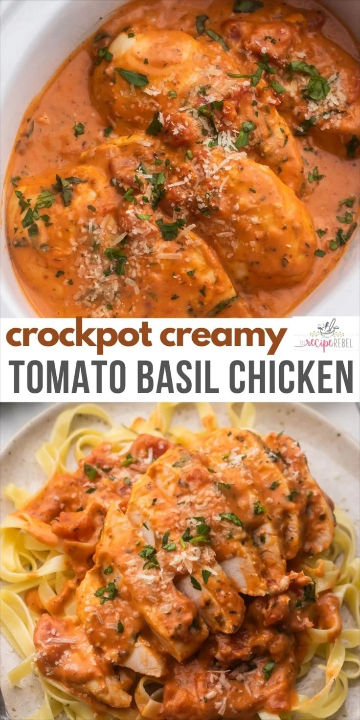 Slow cooker creamy tomato basil chicken breast served with basil garnish.