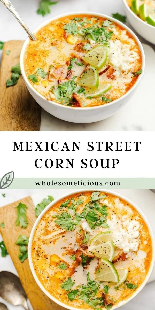 Bowl of creamy Slow Cooker Mexican Street Corn Soup topped with cilantro and lime