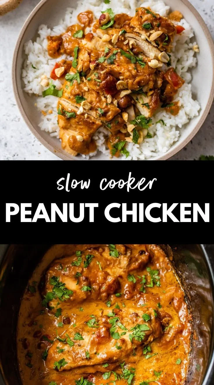Delicious slow cooker peanut chicken served with vegetables and rice