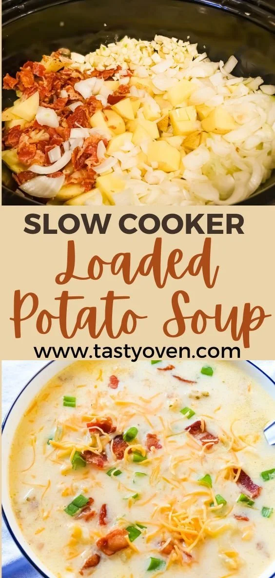Bowl of rich and creamy slow cooker potato soup topped with herbs.