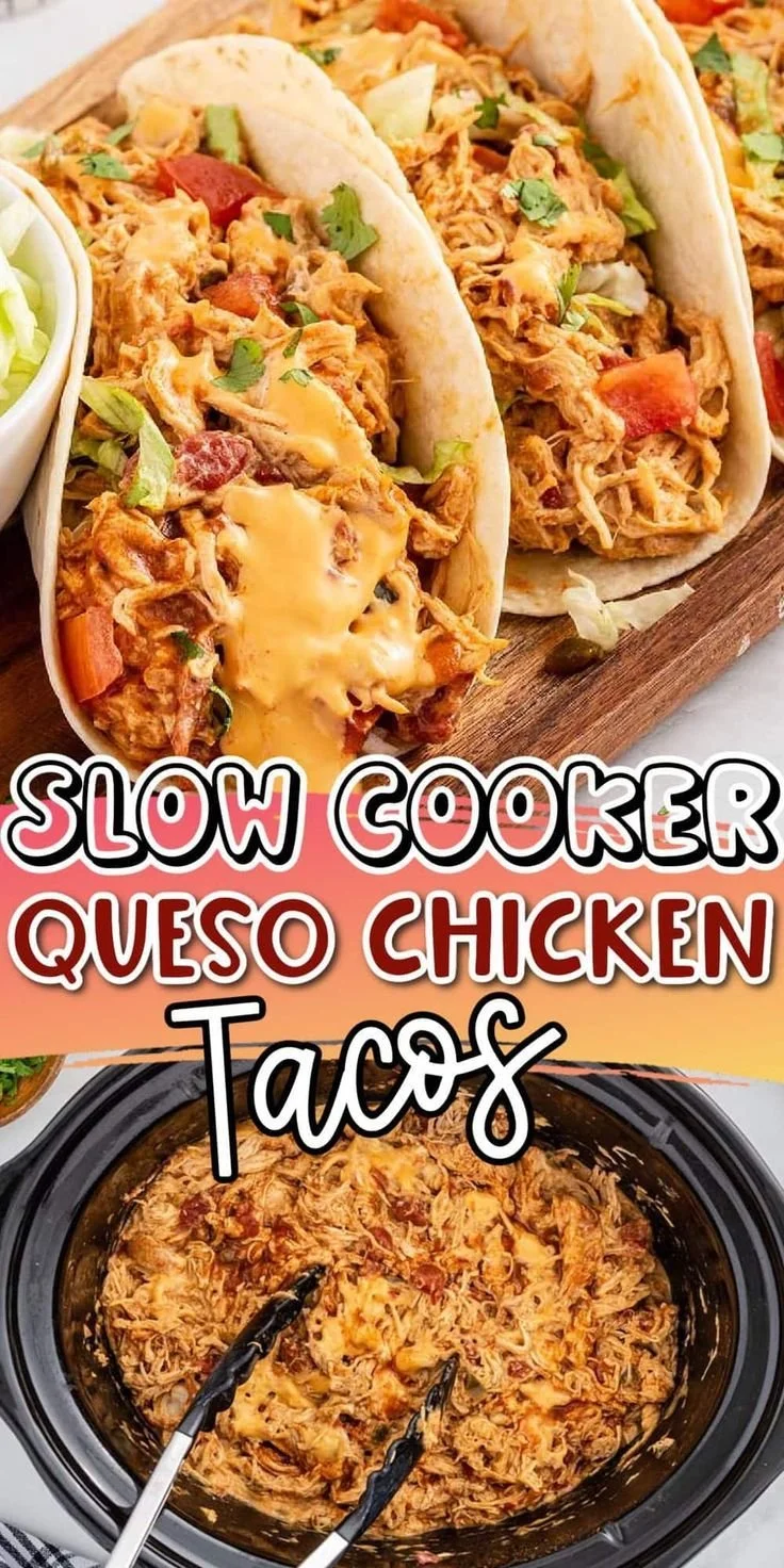 Delicious slow cooker queso chicken tacos served on a platter