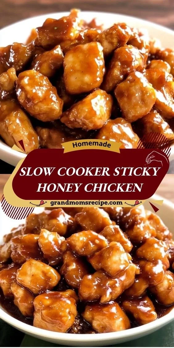 Delicious Slow Cooker Sticky Honey Chicken garnished with sesame seeds