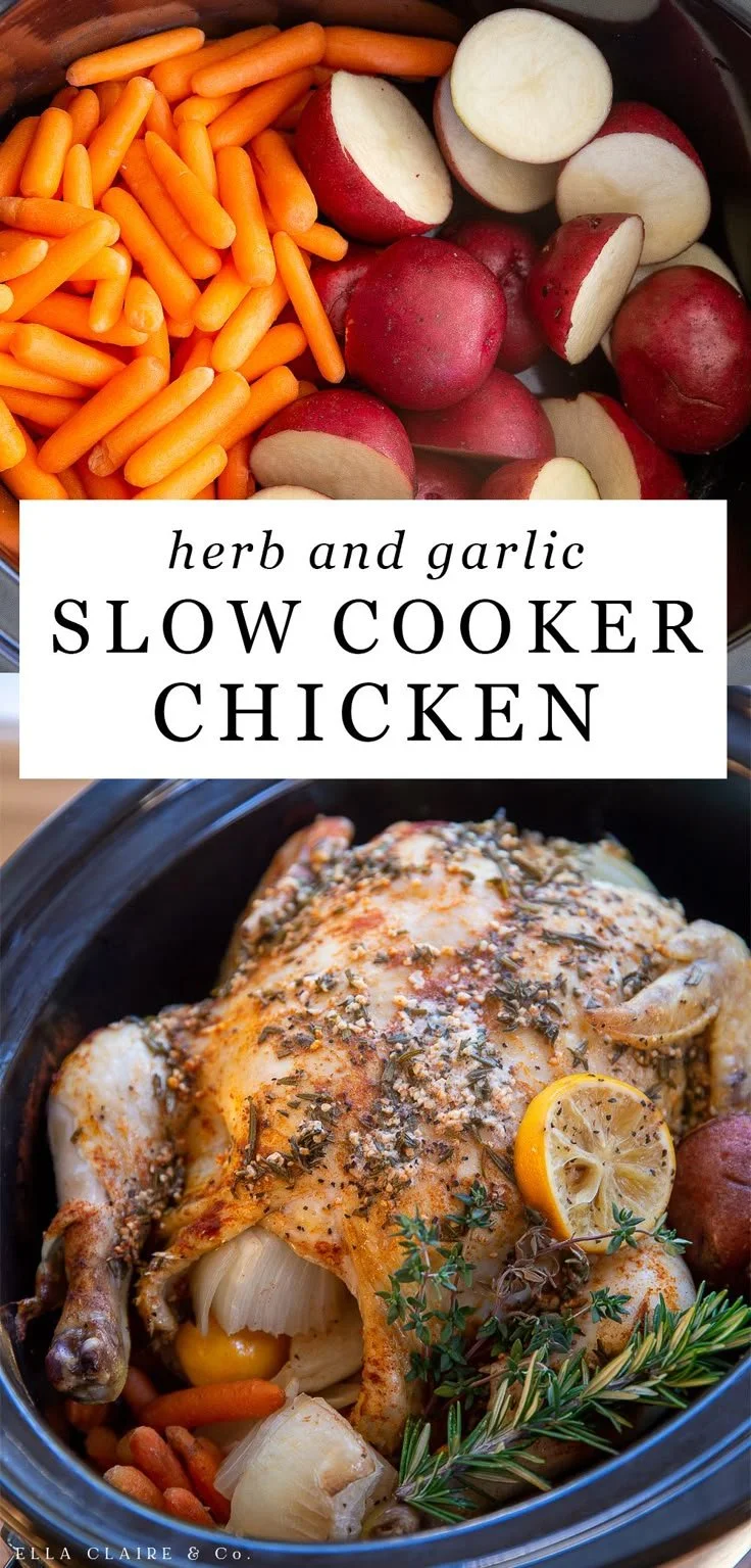 Slow cooker whole chicken with garlic and herbs ready to serve.